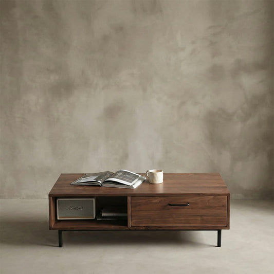 Modern solid North American Black Walnut coffee table with open shelf, drawer, magazine, and ceramic mug