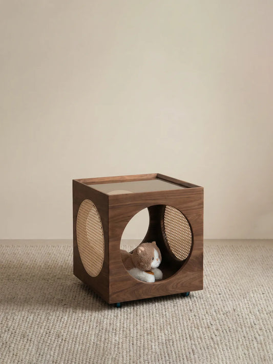 Minimalist studio shot of the Walnutry Sylvan cat side table on a neutral background