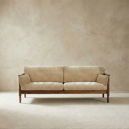 Mid-century modern inspired solid walnut sofa daybed with beige patterned upholstery and bolster pillows, showcasing traditional wooden craftsmanship.