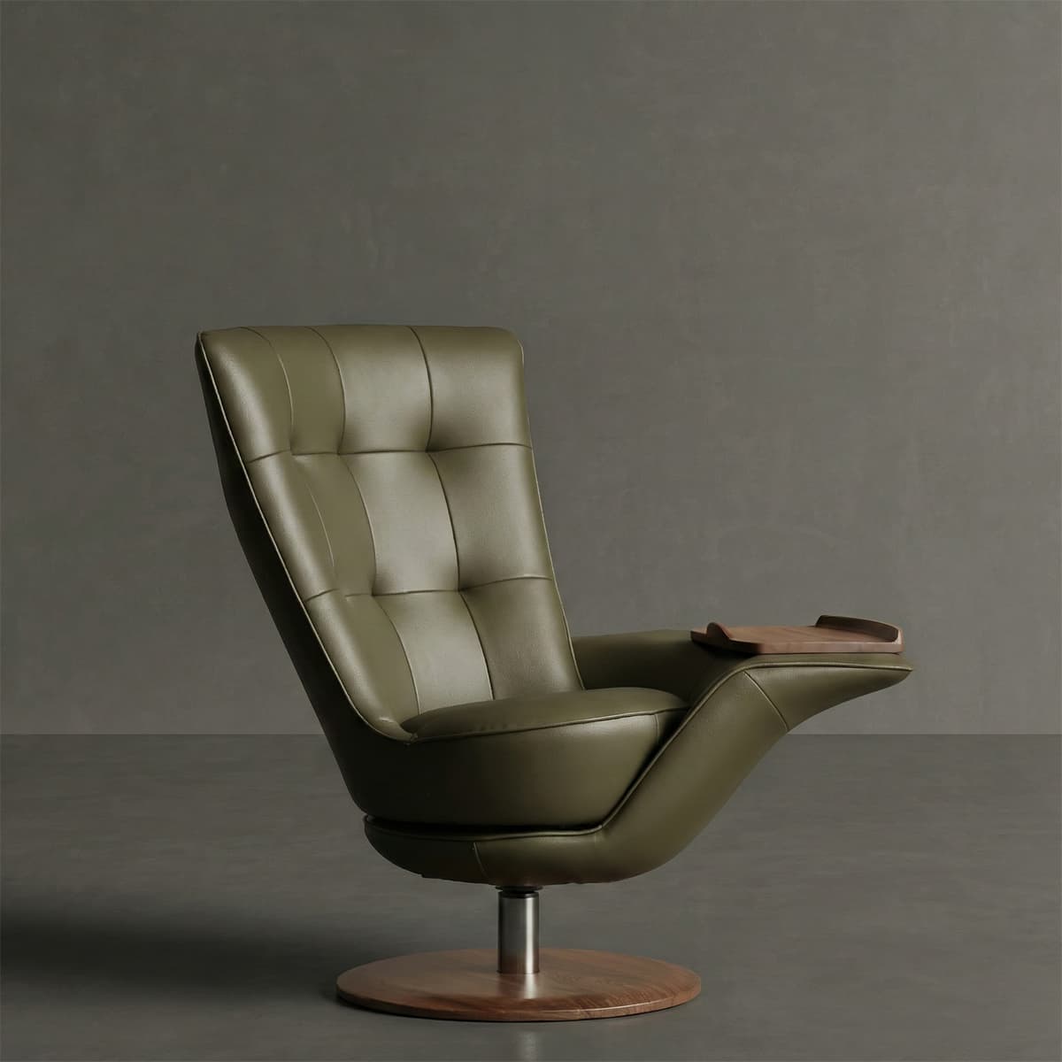 Modern olive green leather swivel lounge chair with tufted back and walnut wood base and tray