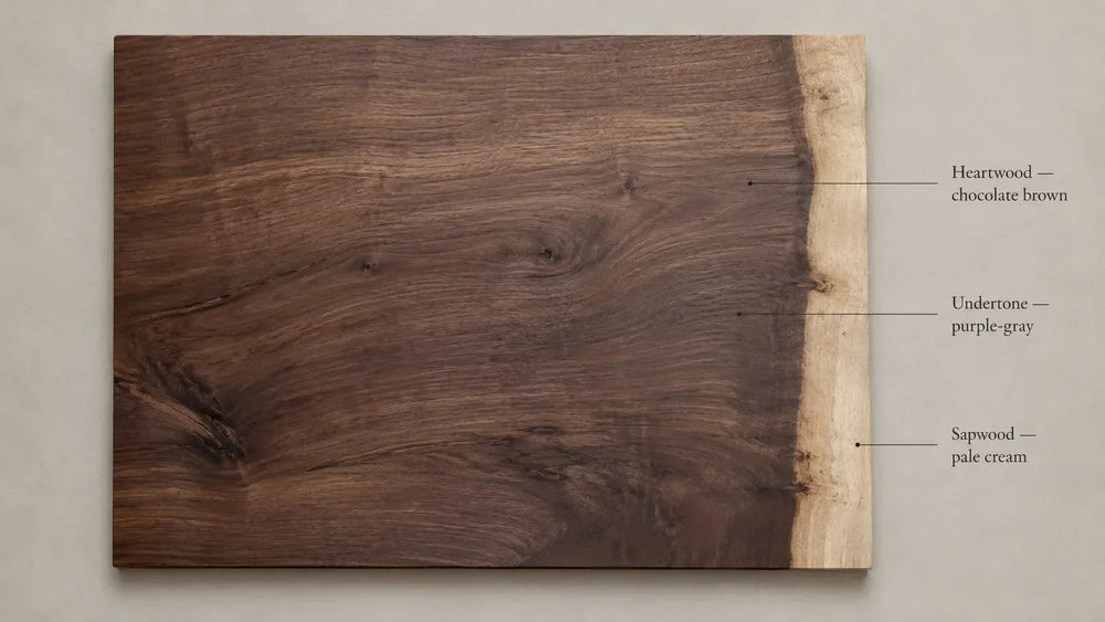 A solid American black walnut board with labeled color callouts marking the chocolate-brown heartwood, the purple-gray undertones, and the pale cream sapwood streak along one edge.