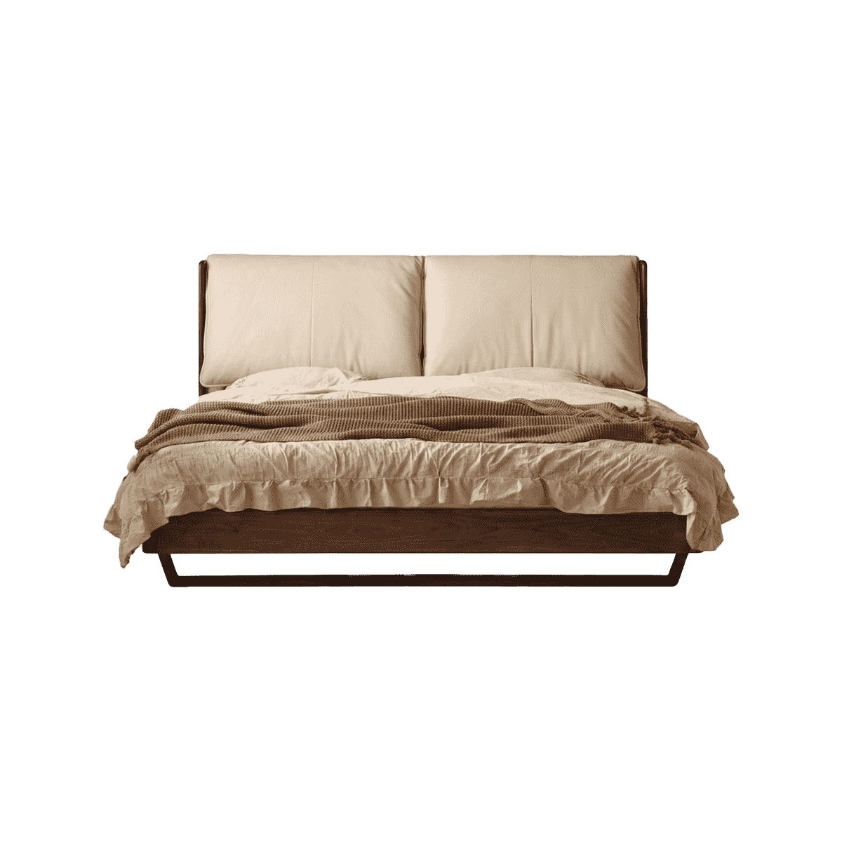 Luxury master bedroom with wooden platform bed, beige leather headboard, soft bedding, and warm lamp