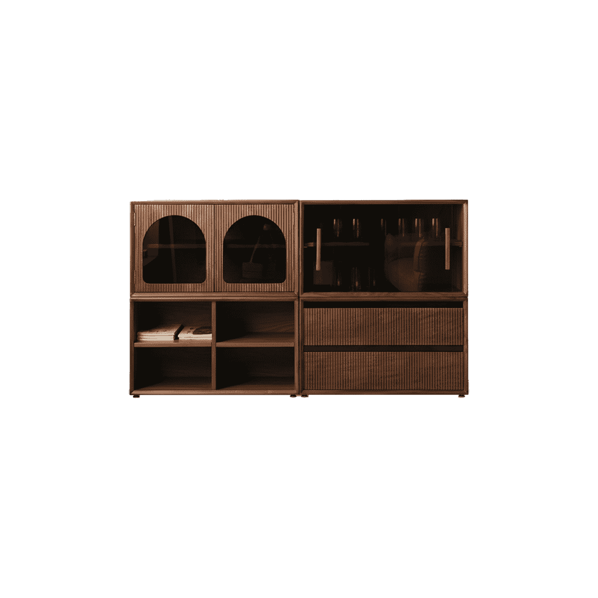 Modern wooden desk with laptop, table lamp, books, and fruit bowl in a stylish office with wood shelving