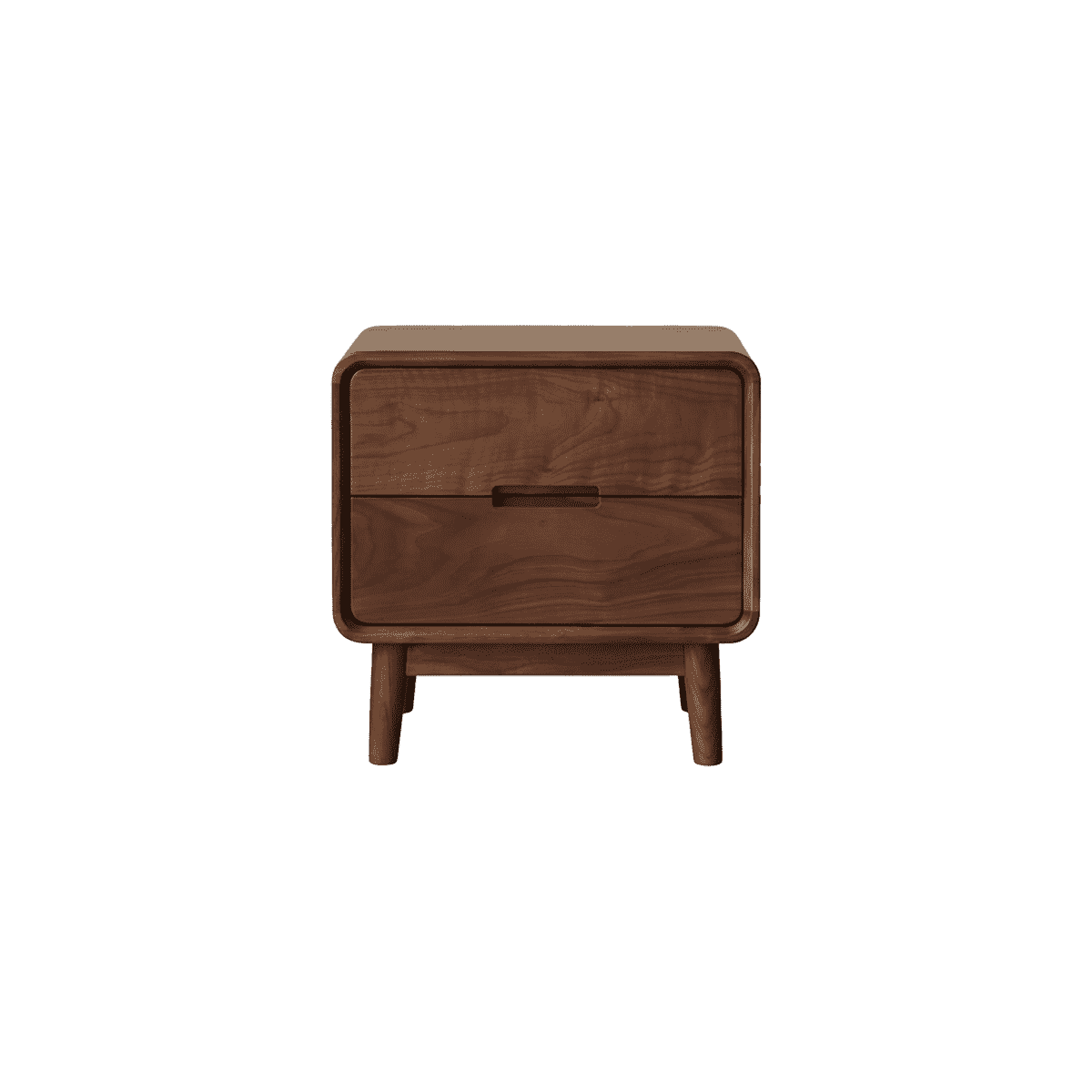 Walnut nightstand with two drawers next to bed, topped with a black table lamp and open book
