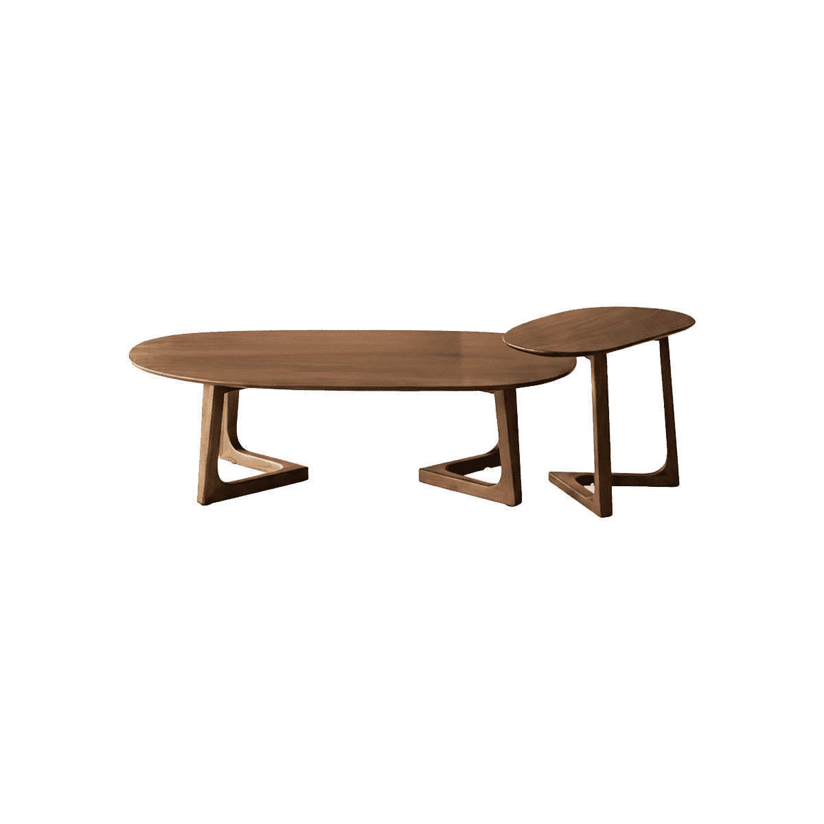 Modern walnut dining table with matching chairs, ceramic cups, metal bowl, and cozy beige carpet