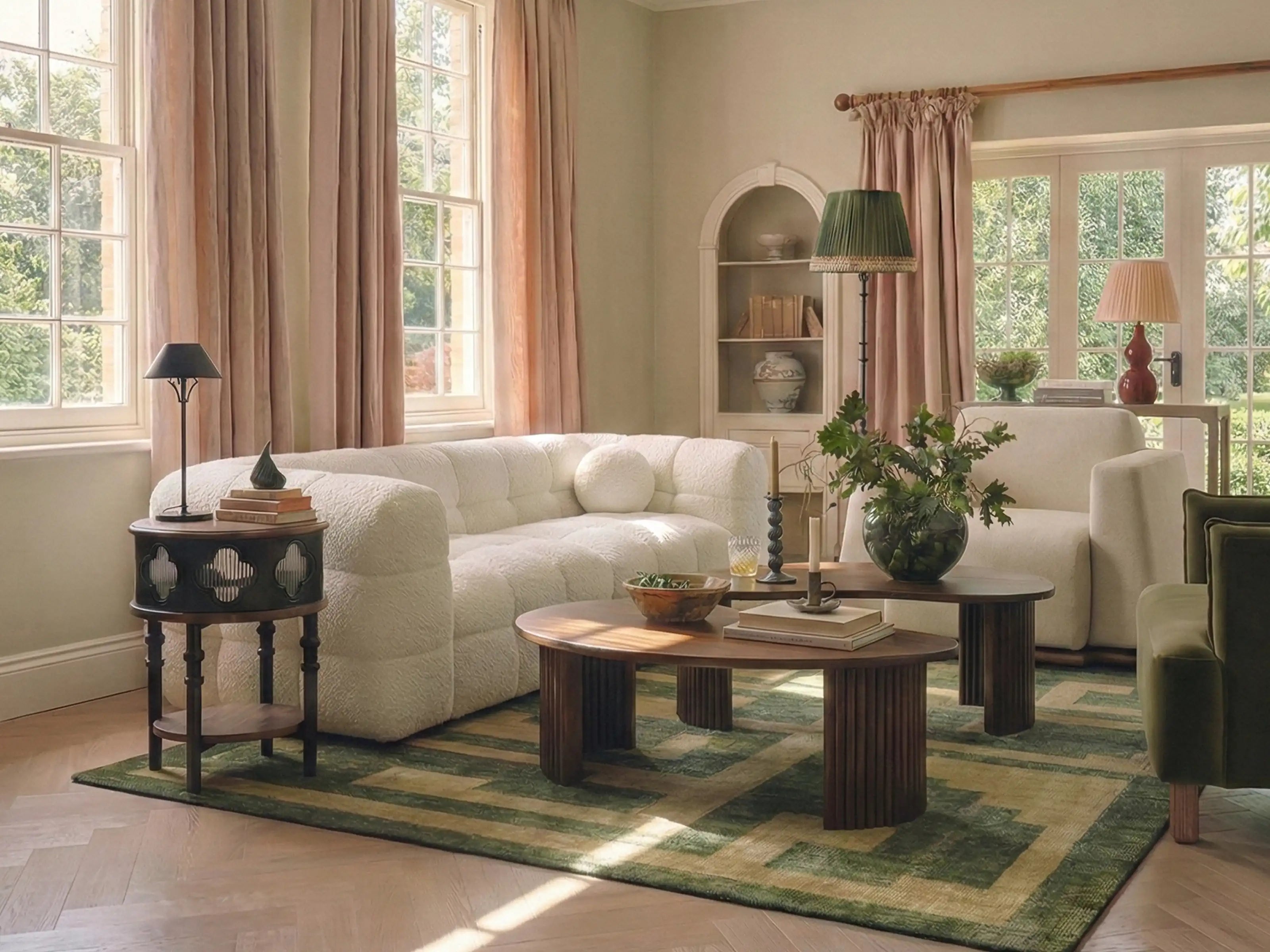 Modern living room with curvy cream sofa, two brown armchairs, wooden coffee table, and walnut sideboard