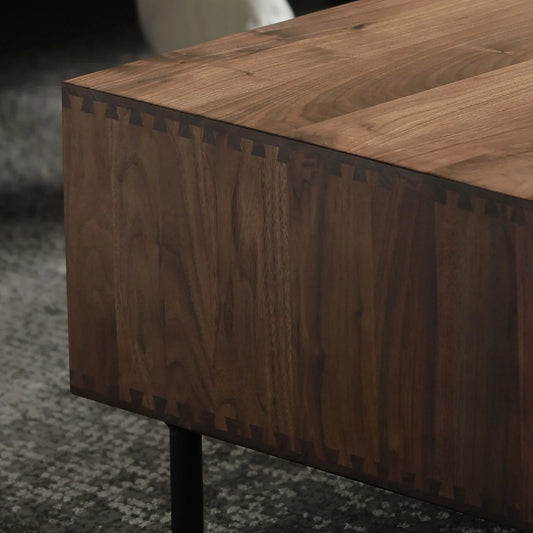 Close-up of 100% solid North American black walnut furniture with dovetail joints and natural oil finish