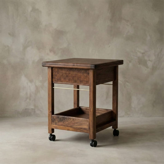 Solid North American Black Walnut wood side table on casters with storage tray and brass accent