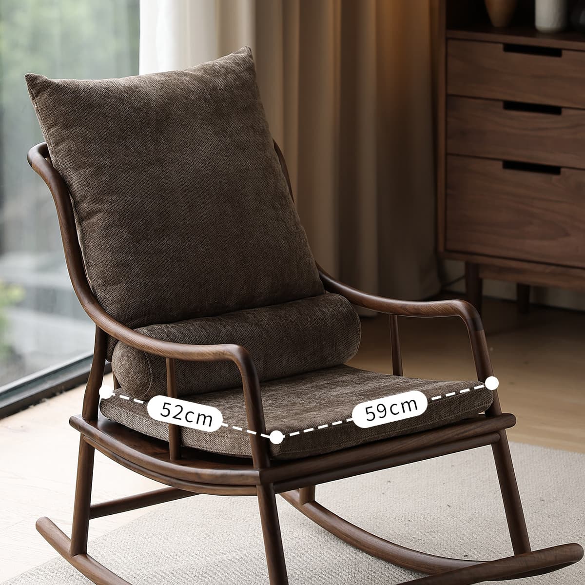 Solid North American Black Walnut rocking chair with dark brown textured cushions measuring 52cm by 59cm