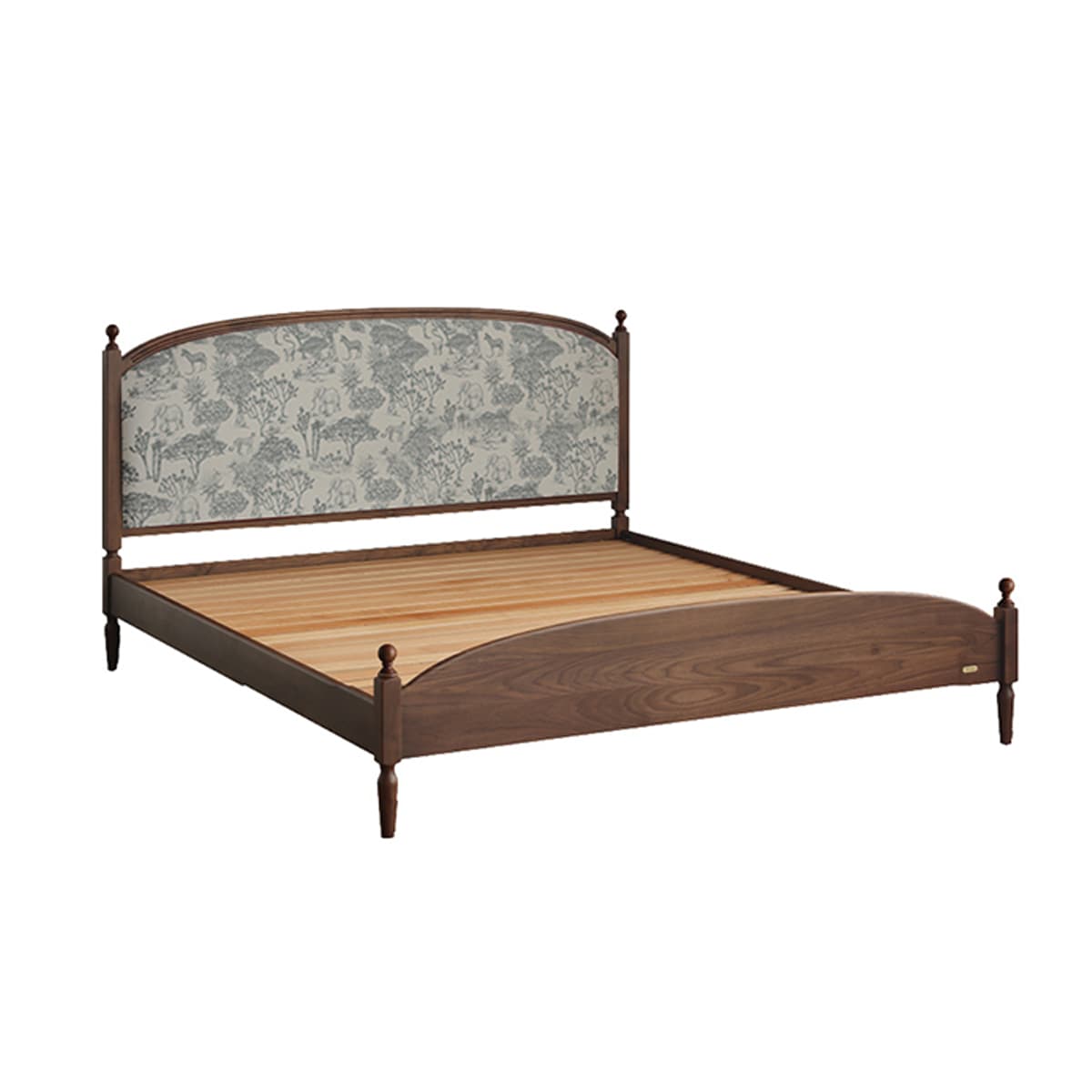 Heirloom-quality solid North American black walnut bed frame with patterned fabric headboard and natural oil finish