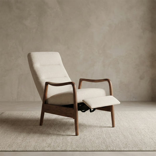 Mid-century recliner chair with solid North American black walnut frame and beige upholstered cushions on neutral rug