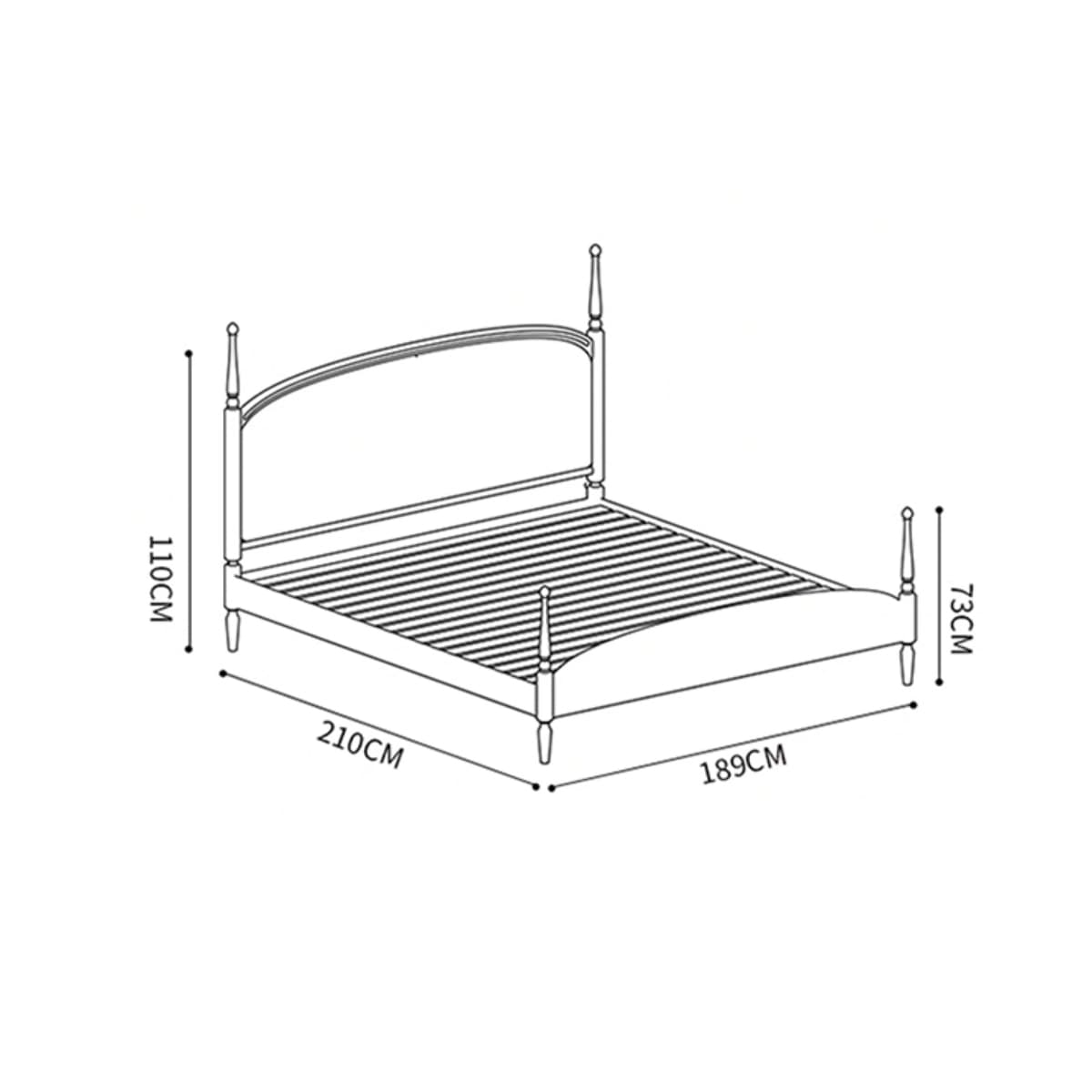 Line drawing of wooden bed frame with curved headboard and footboard, dimensions 210x189x110 cm