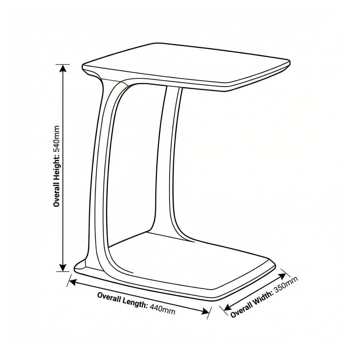 Technical drawing showing the dimensions of the Walnutry Helios C-table: overall height 540mm, overall length 440mm, and overall width 350mm.
