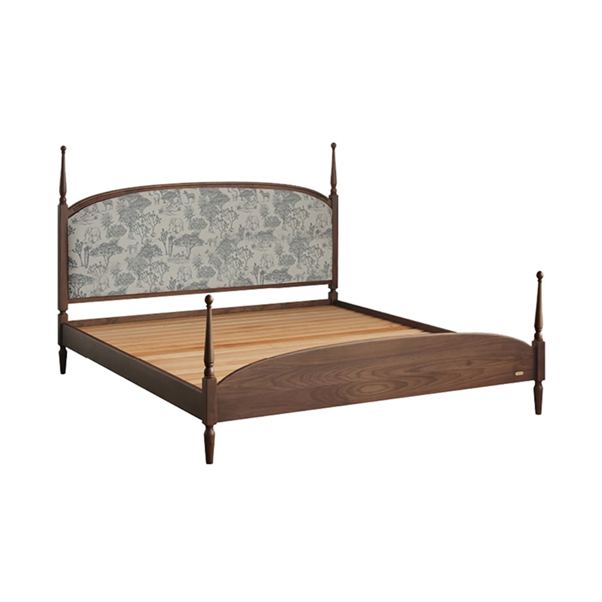 Solid North American Black Walnut four-poster bed frame with upholstered headboard featuring nature print