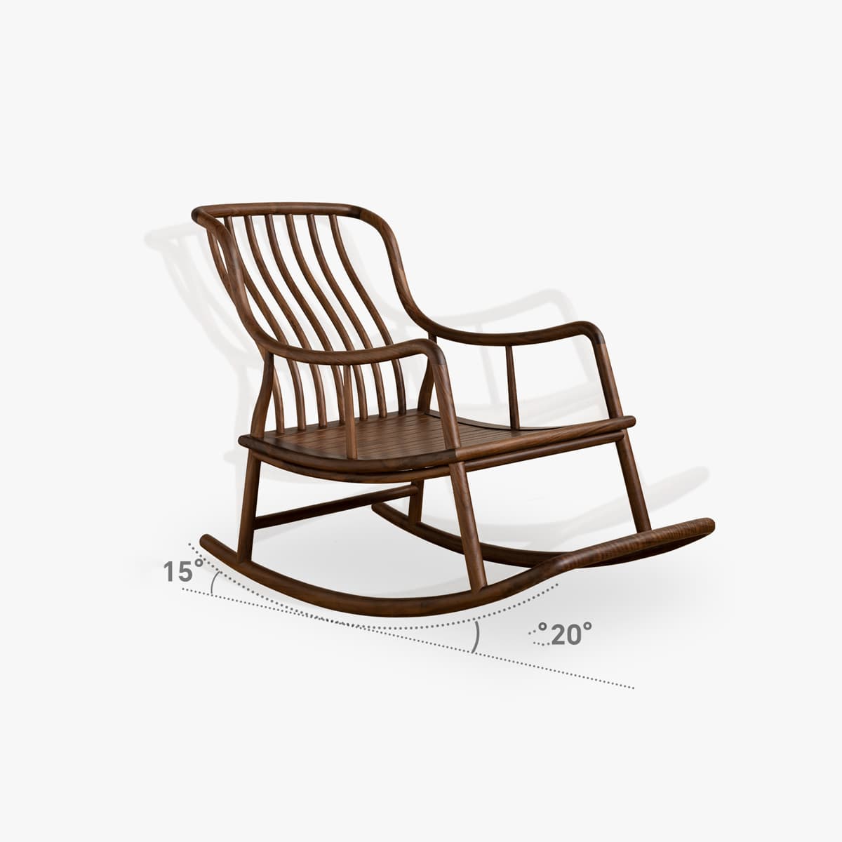 Solid North American Black Walnut rocking chair with curved slat back and armrests on white background