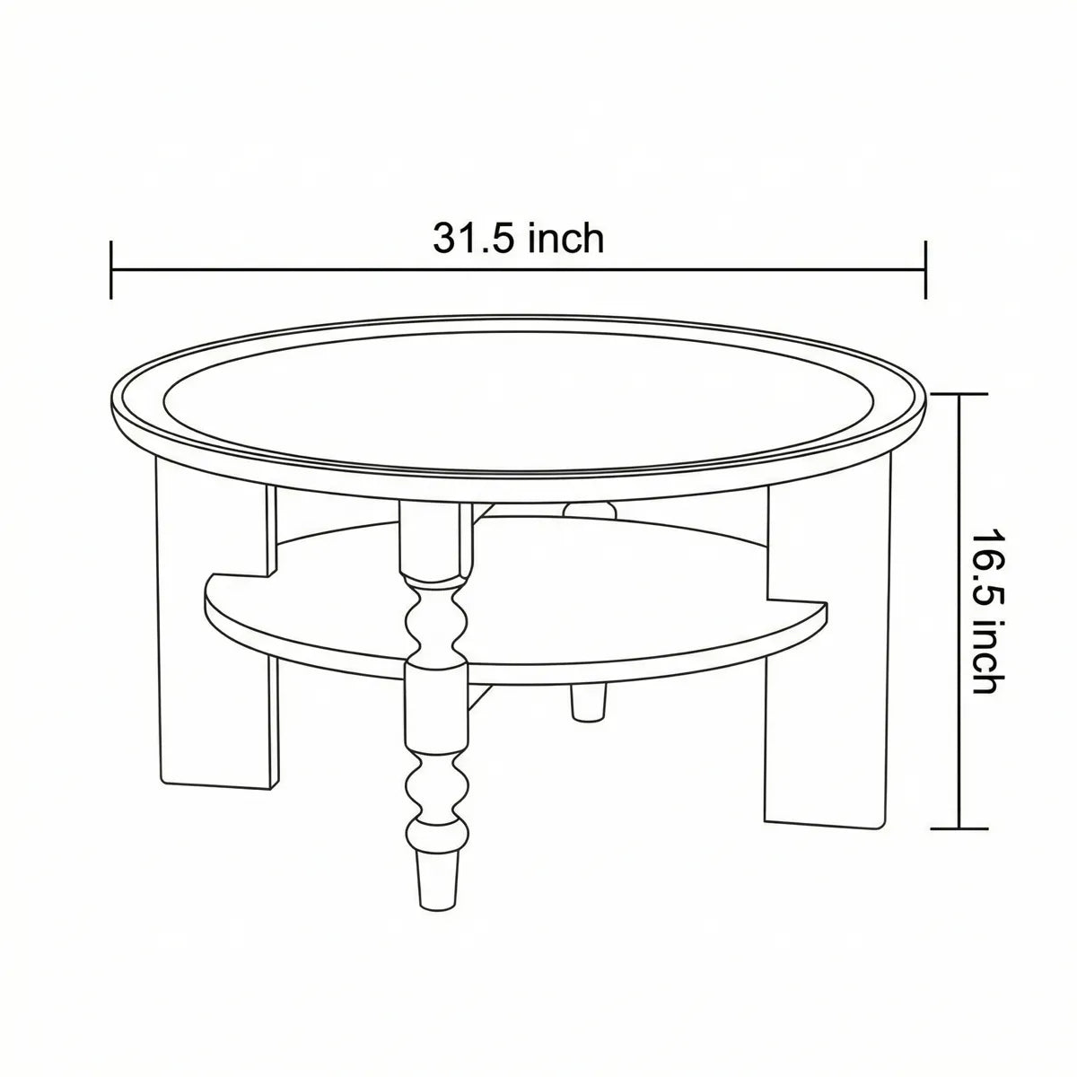 Technical dimensional drawing of the Sylvan round coffee table showing 31.5 inch width and 16.5 inch height specifications.
