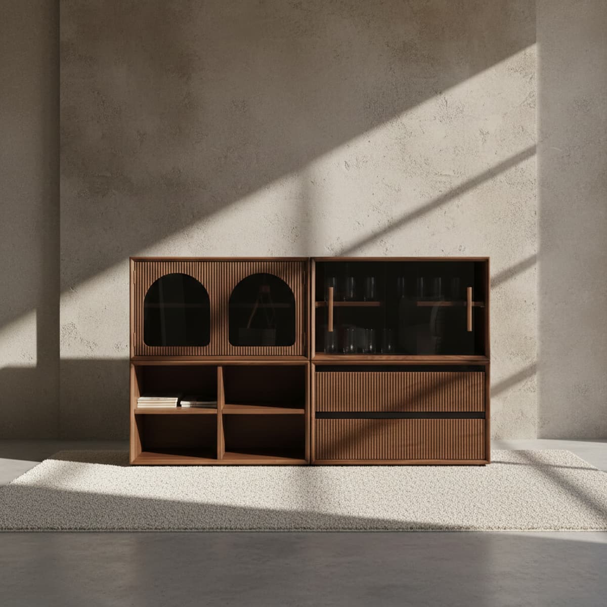 Heirloom-quality solid North American black walnut cabinet with glass doors and open shelves on light carpet