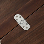 Close-up of silver 360-degree locking hinge on dark wood furniture detail