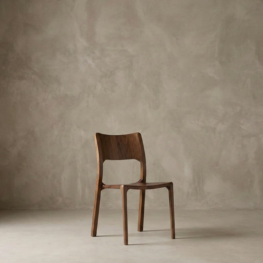 Solid North American black walnut wood chair with curved backrest and minimalist design in neutral setting