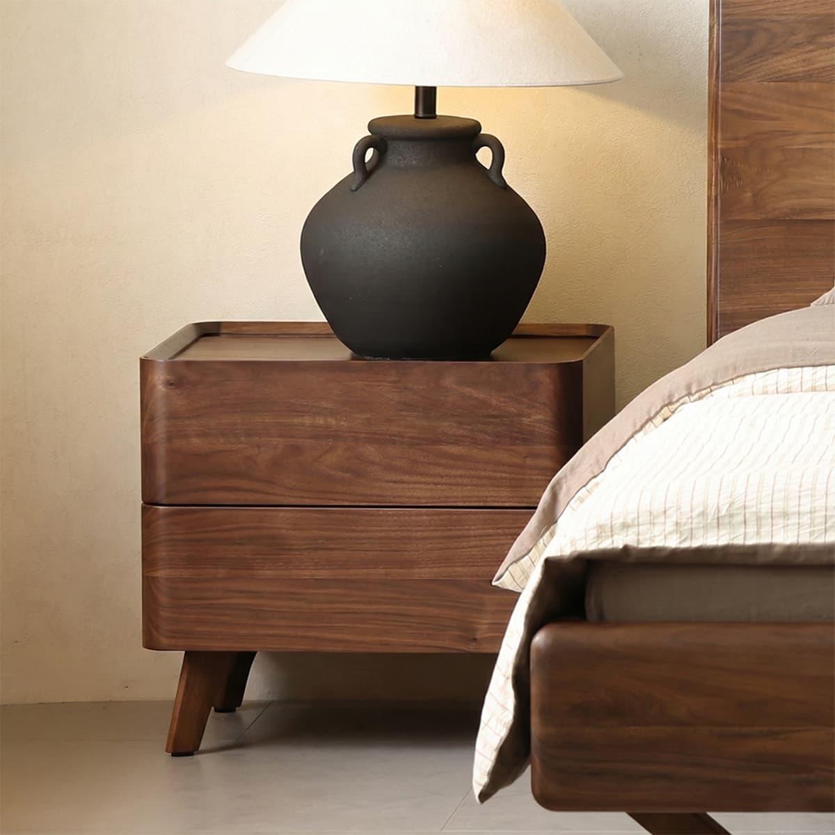 Solid North American Black Walnut wood bedroom nightstand with two drawers and black ceramic lamp