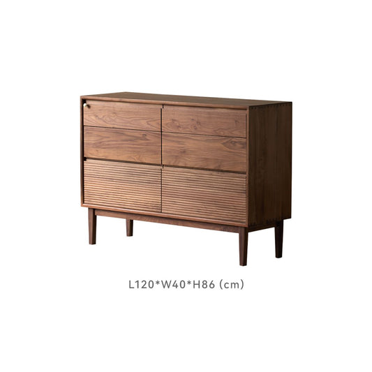 Modern 6-drawer double dresser made of solid walnut featuring geometric carved details.