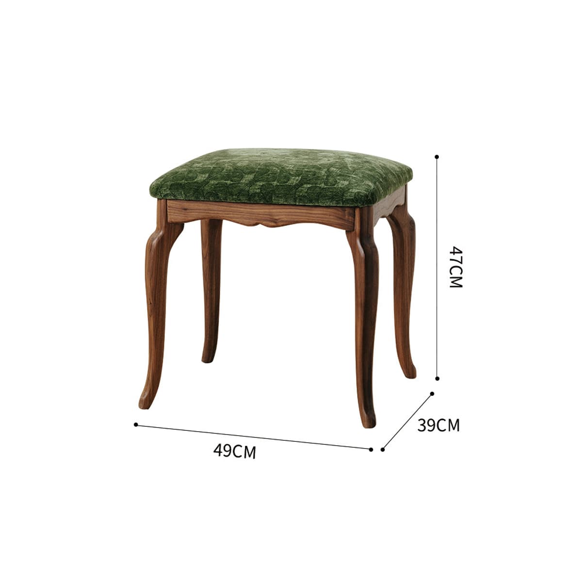 Wooden stool with carved legs and green upholstered seat measuring 49x39x47 cm