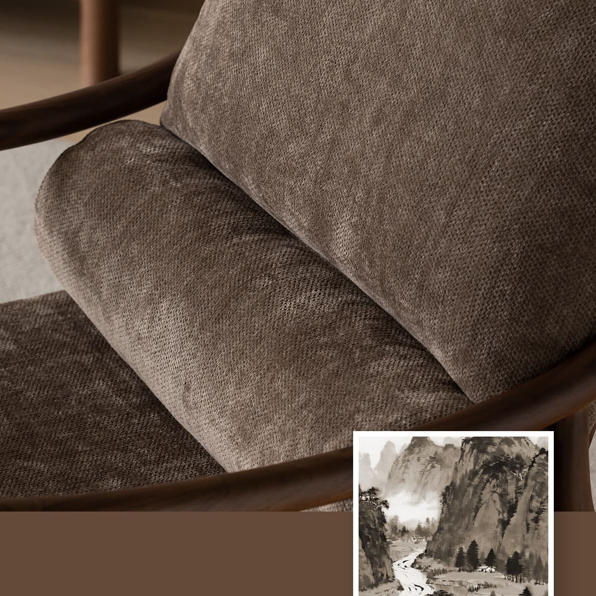 Close-up of plush gray chair cushions with smooth North American black walnut wood armrests