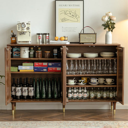 Solid black walnut cabinet with open doors showing wine bottles, glassware, plates, and coffee items in a cozy home setting