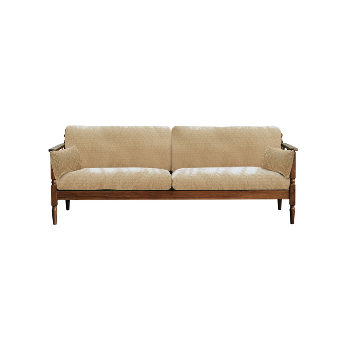 Apricot beige fabric sofa with wooden frame and two matching cushions on white background