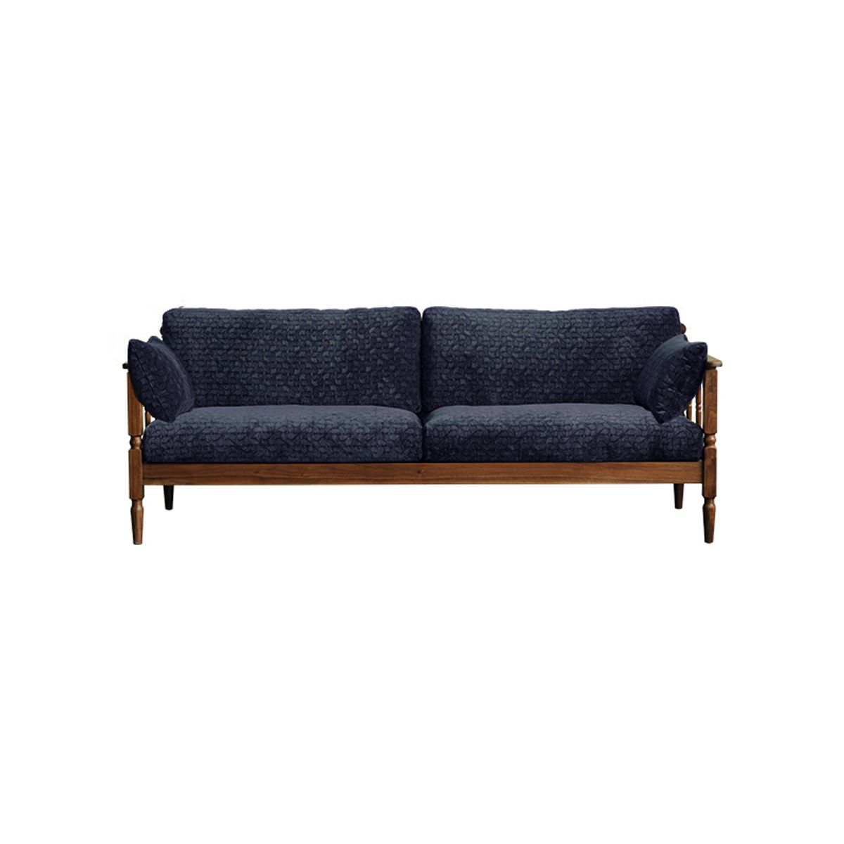 Deep navy blue cushioned sofa with wooden frame and two side pillows on white background