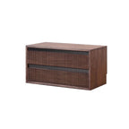 Modern wooden double drawer dresser with ribbed dark brown fronts on white background