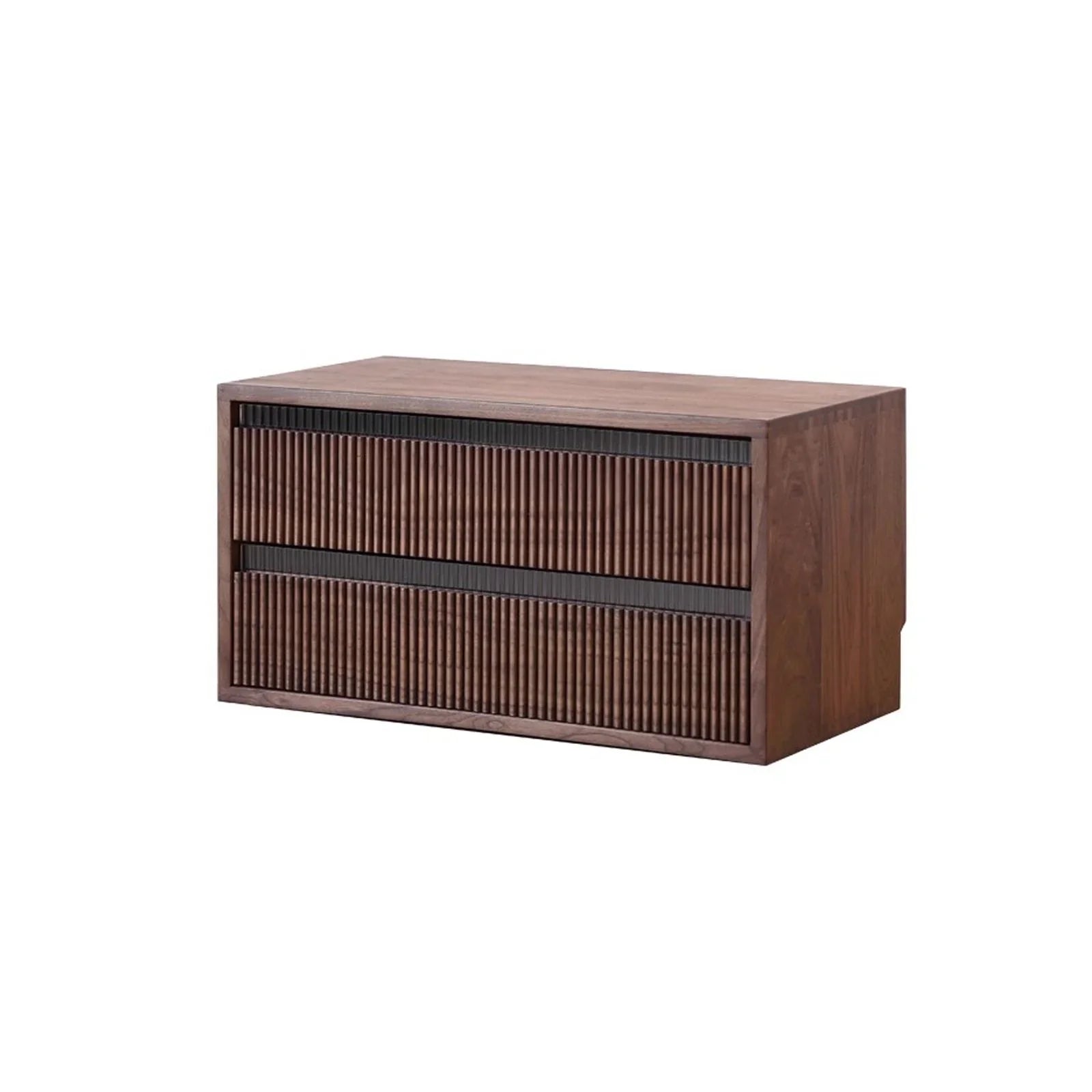 Modern wooden double drawer dresser with ribbed dark brown fronts on white background