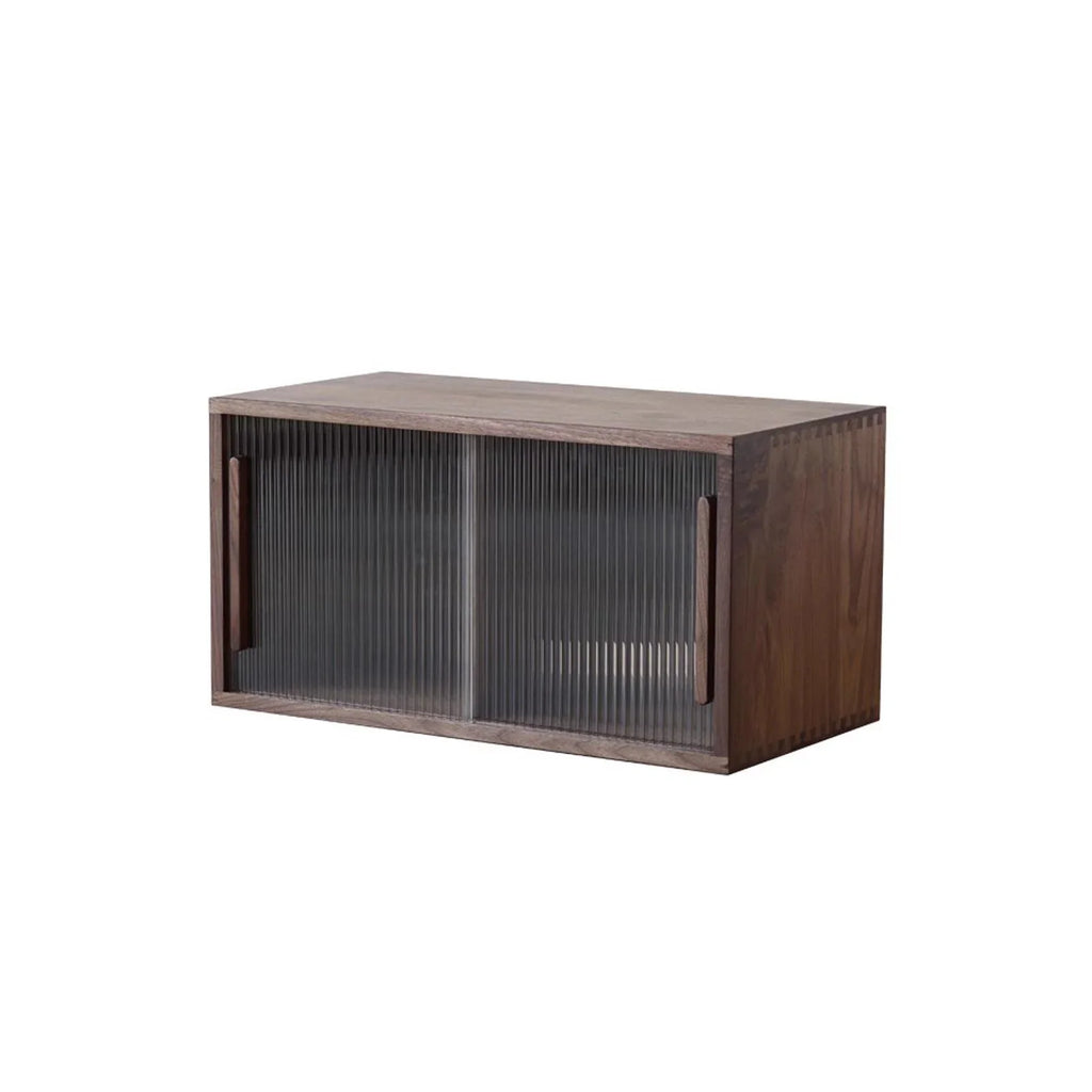 Modern wooden cabinet with textured glass sliding doors and horizontal wooden handles