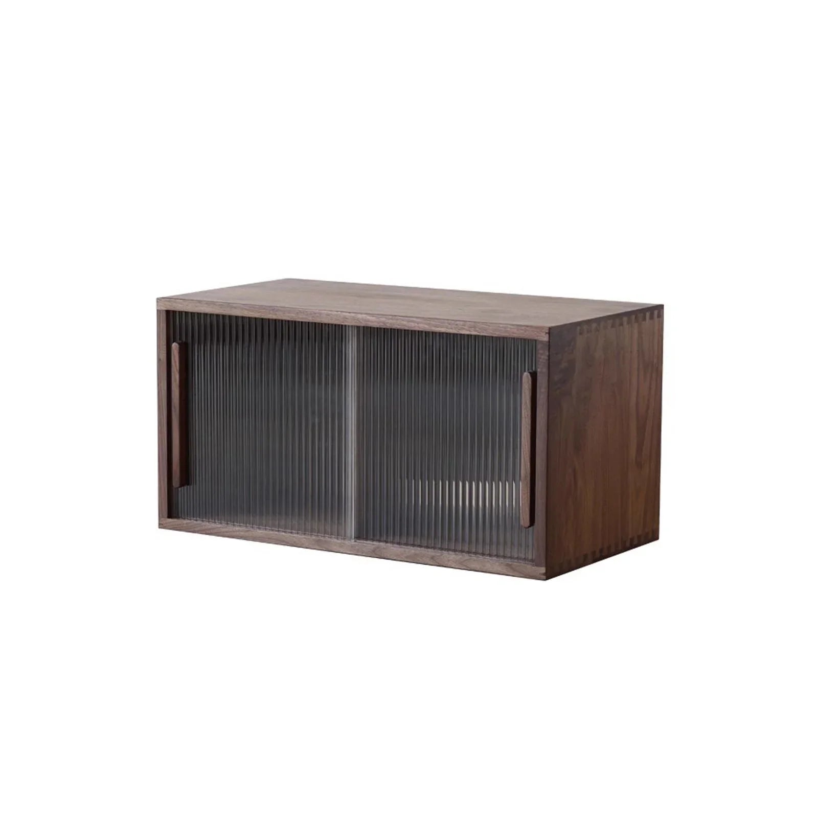 Modern wooden cabinet with textured glass sliding doors and horizontal wooden handles