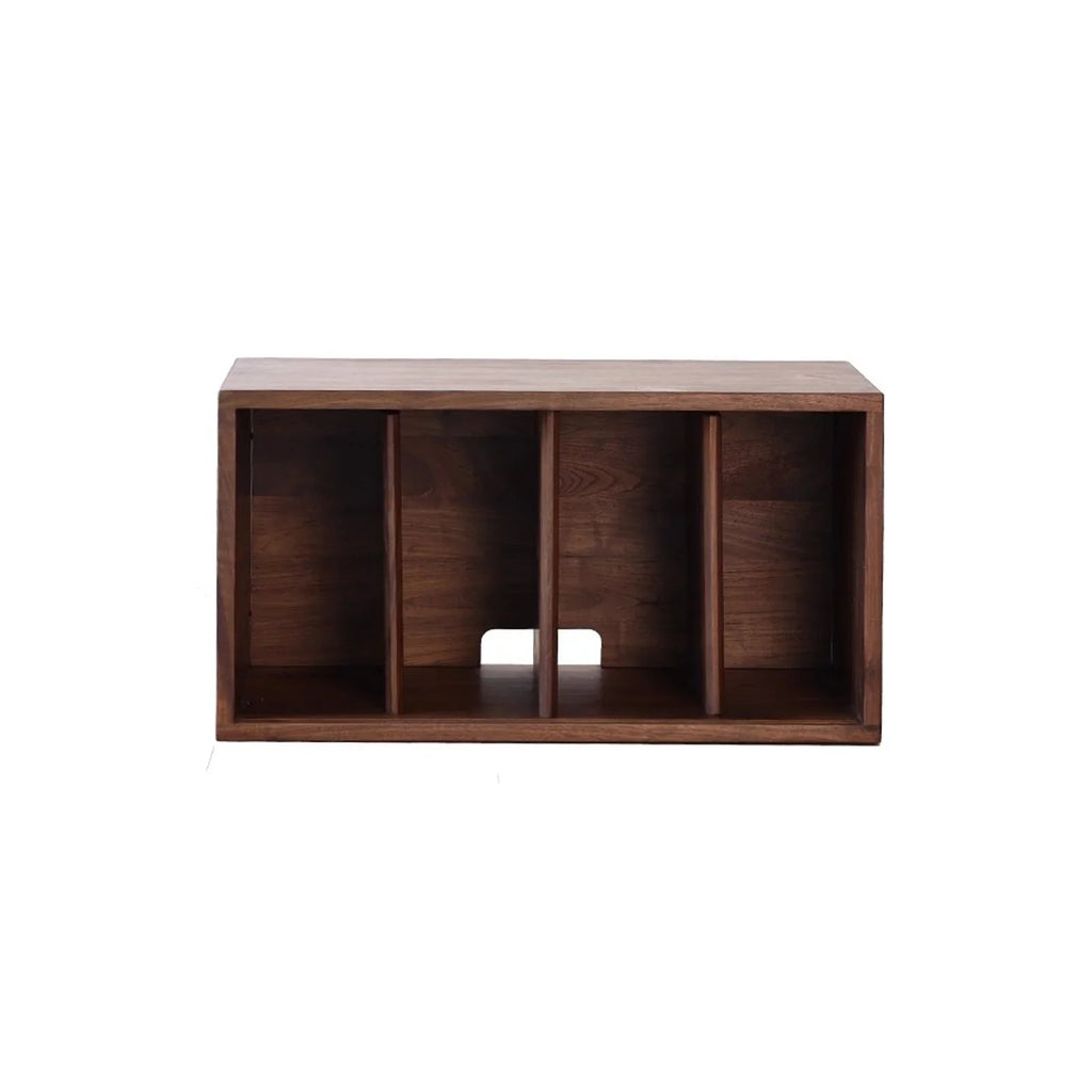 Wooden open shelf unit with four vertical compartments and cable management hole