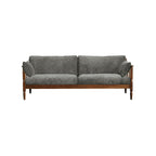 Vintage grey upholstered sofa with wooden frame and two side cushions isolated on white