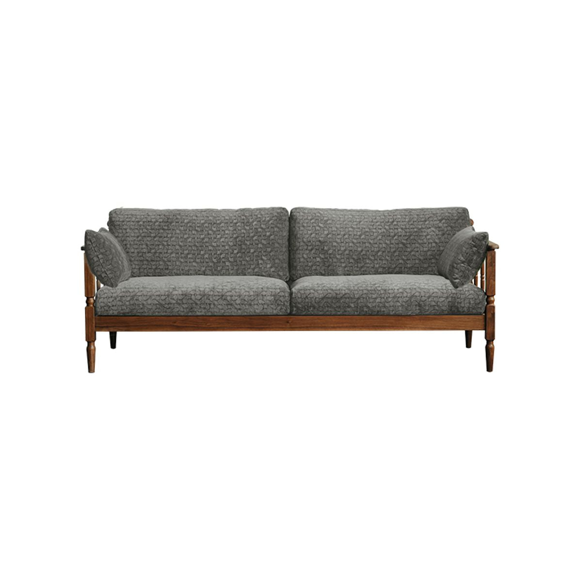 Vintage grey upholstered sofa with wooden frame and two side cushions isolated on white
