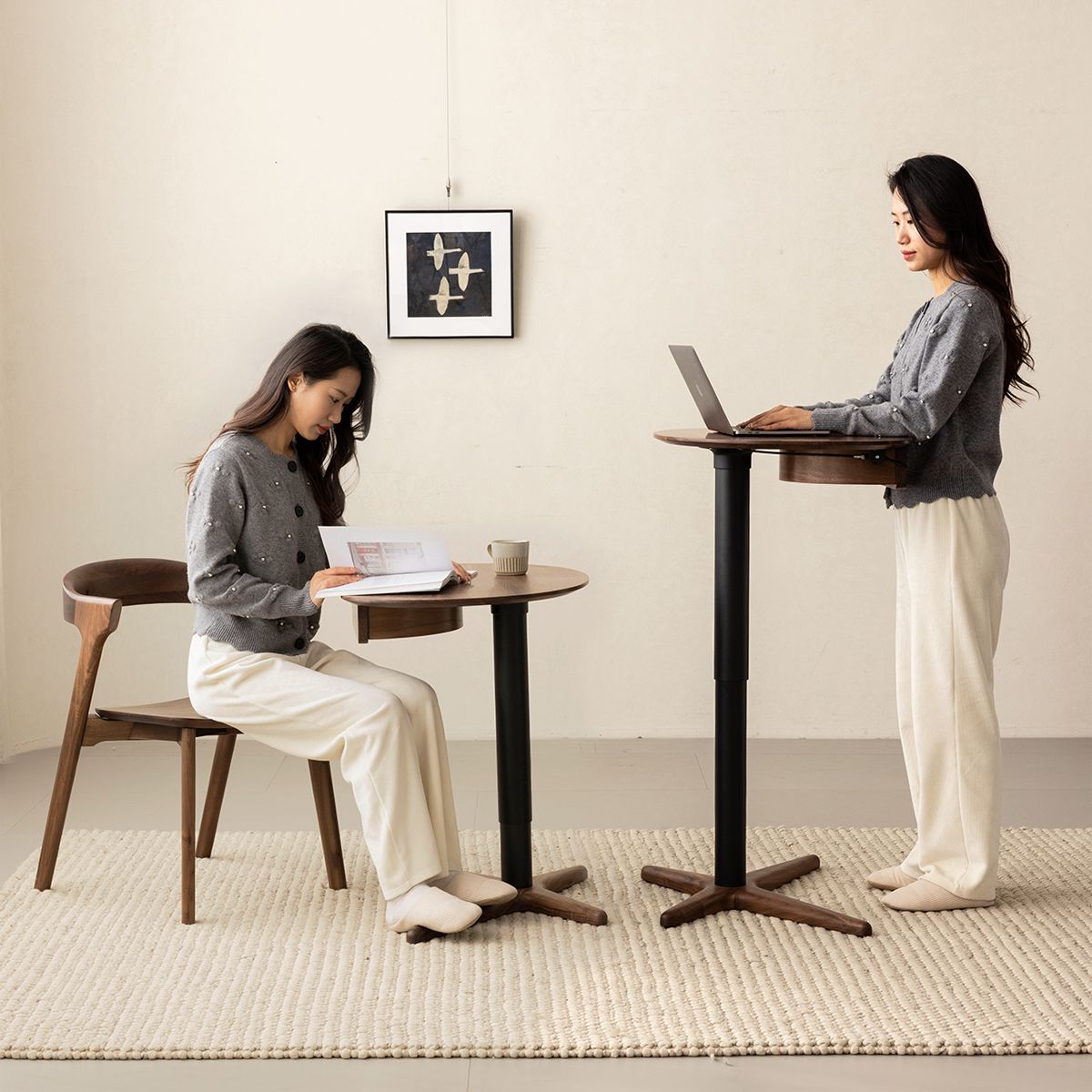 Walnutry Lift adjustable height side table shown in both low seated and high standing positions.