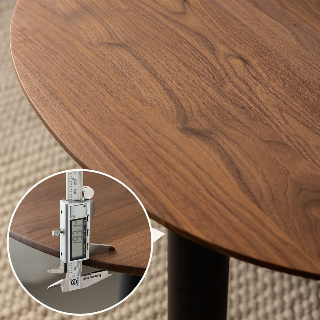 Close-up of walnut surface on adjustable side table stand with digital caliper measuring 19.31 mm thickness