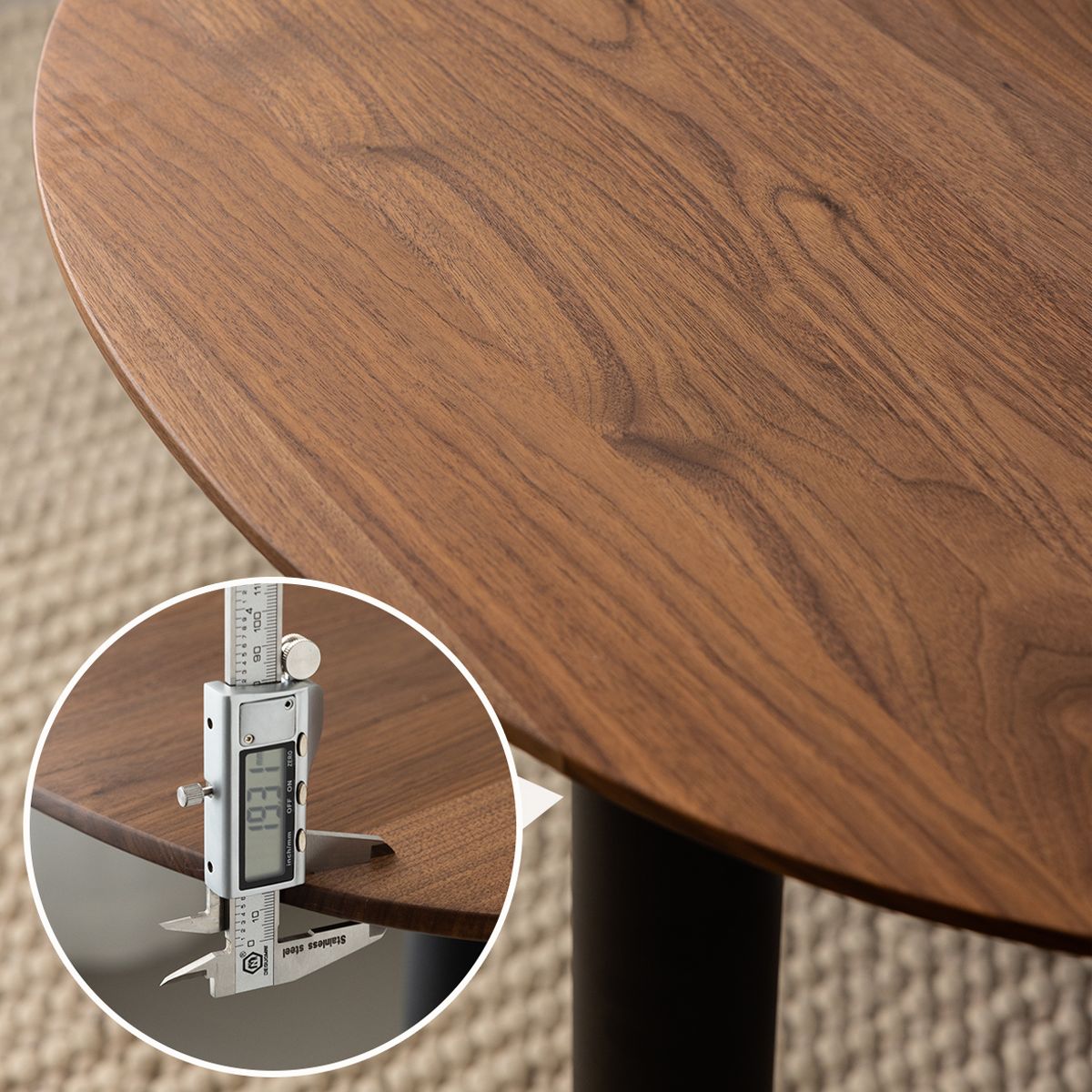 Close-up of walnut surface on adjustable side table stand with digital caliper measuring 19.31 mm thickness