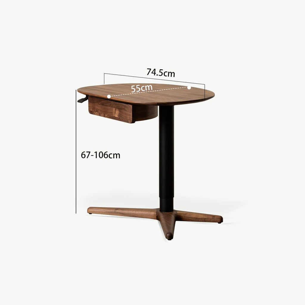 Technical dimension diagram of the Lift adjustable side table showing a height range from 26.4 inches (seated) to 41.7 inches (standing).