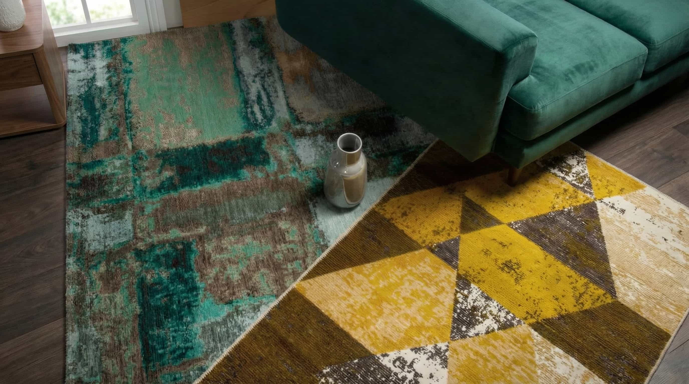 Close-up texture detail of two overlapping area rugs: a teal abstract vintage-style rug and a yellow geometric rug, placed next to a green velvet sofa.
