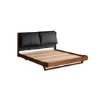 Modern wooden bed frame with black cushioned headboard and slatted base