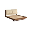 Modern wooden bed frame with cream leather headboard cushions and slatted base