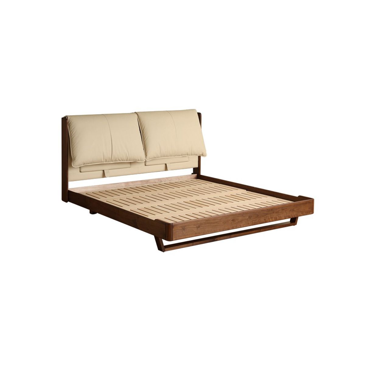 Modern wooden bed frame with cream leather headboard cushions and slatted base