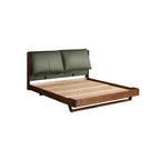Wooden bed frame with green padded adjustable headboard cushions, minimalist design