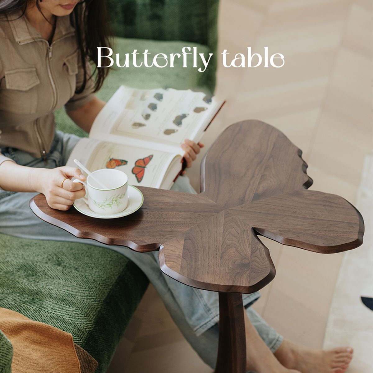 Top view of the Walnutry Papillon accent table showcasing its unique organic butterfly wing shape.