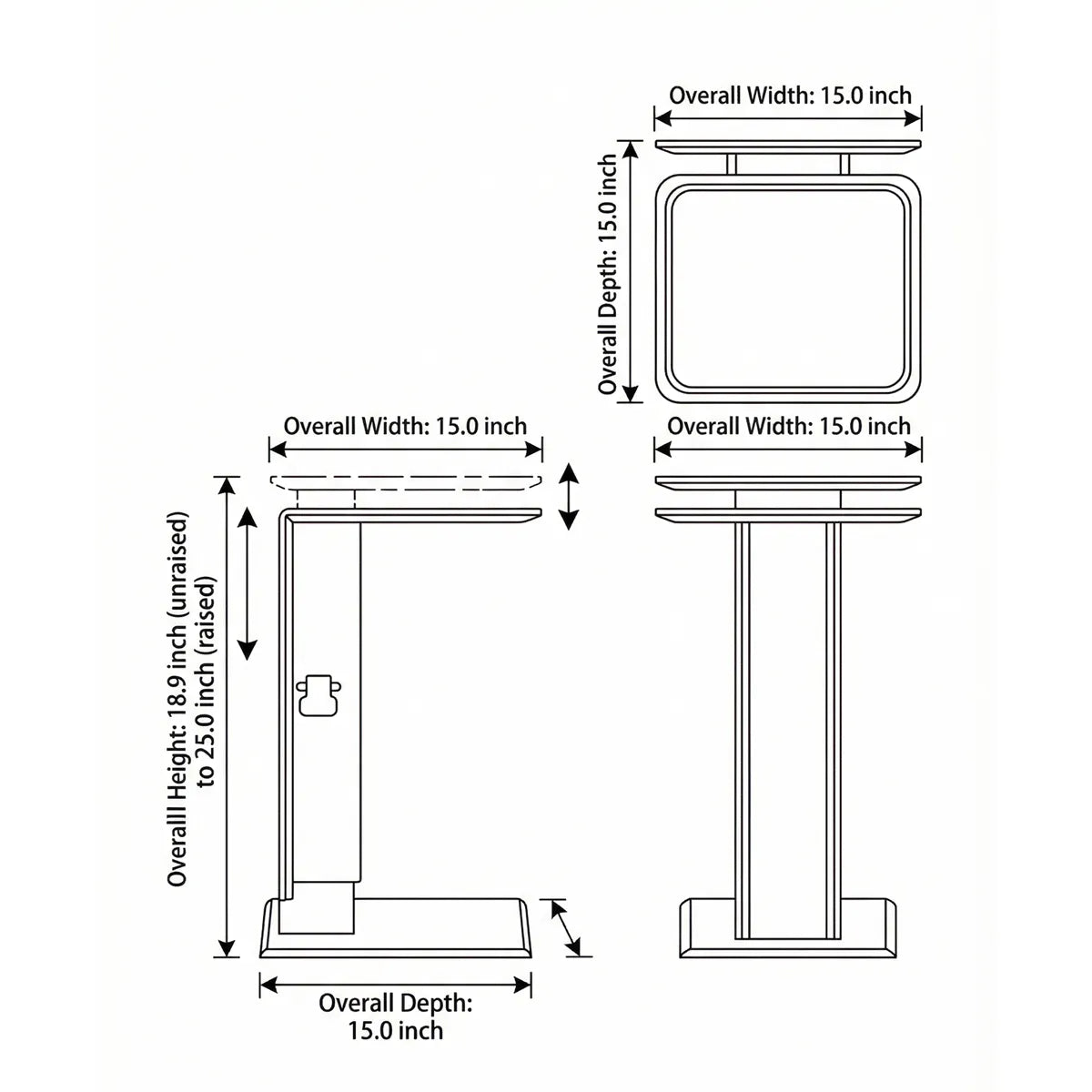 Technical dimension diagram showing height range of 18.9 to 25 inches for sofa table.
