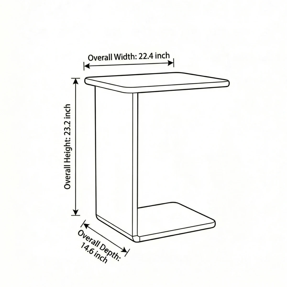 Technical dimension diagram of Suiseki C-Table showing 22.4 inch width, 14.6 inch depth, and 23.2 inch height.