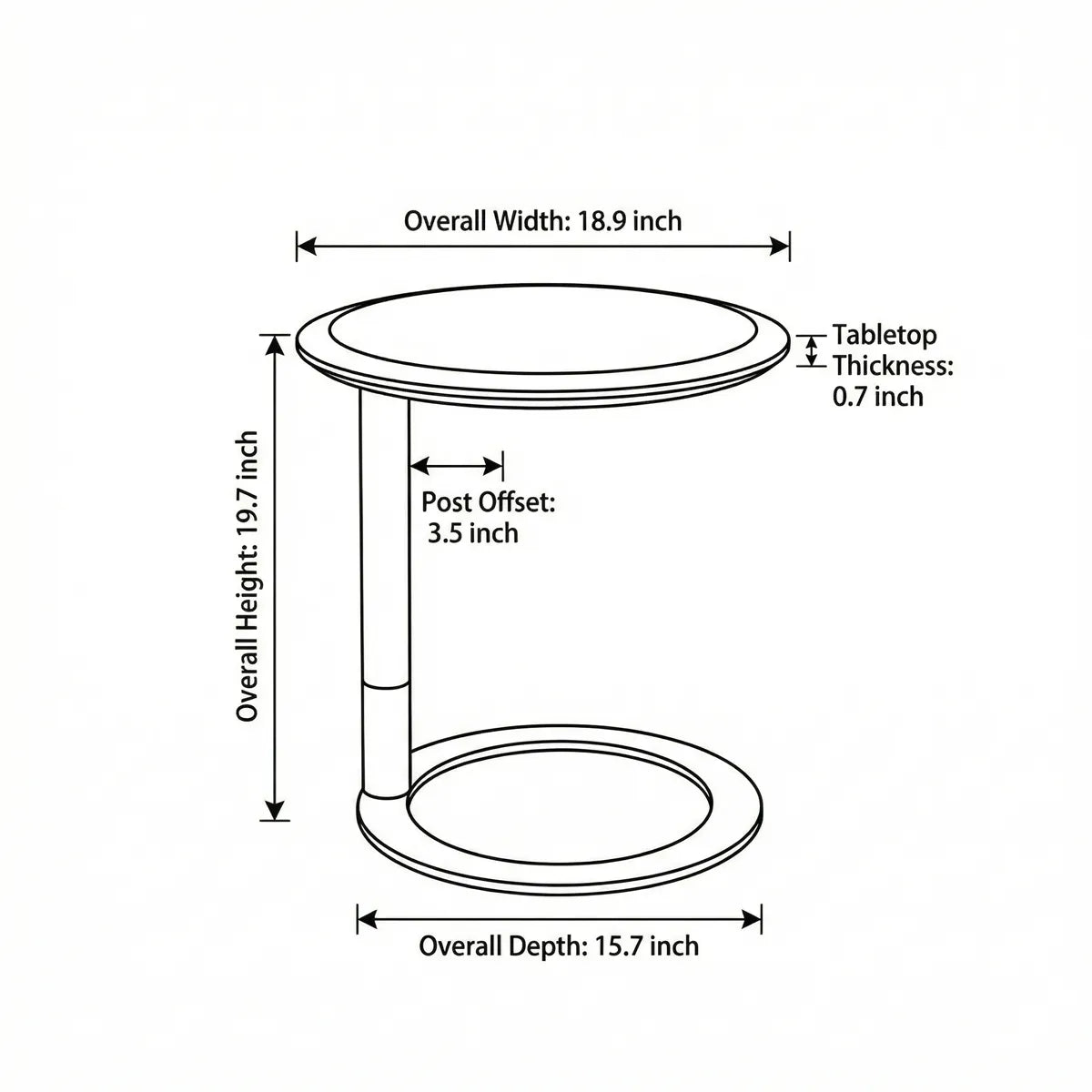 Technical specification drawing of the Suiseki C-table showing overall width of 18.9 inches, height of 19.7 inches, and post offset design.
